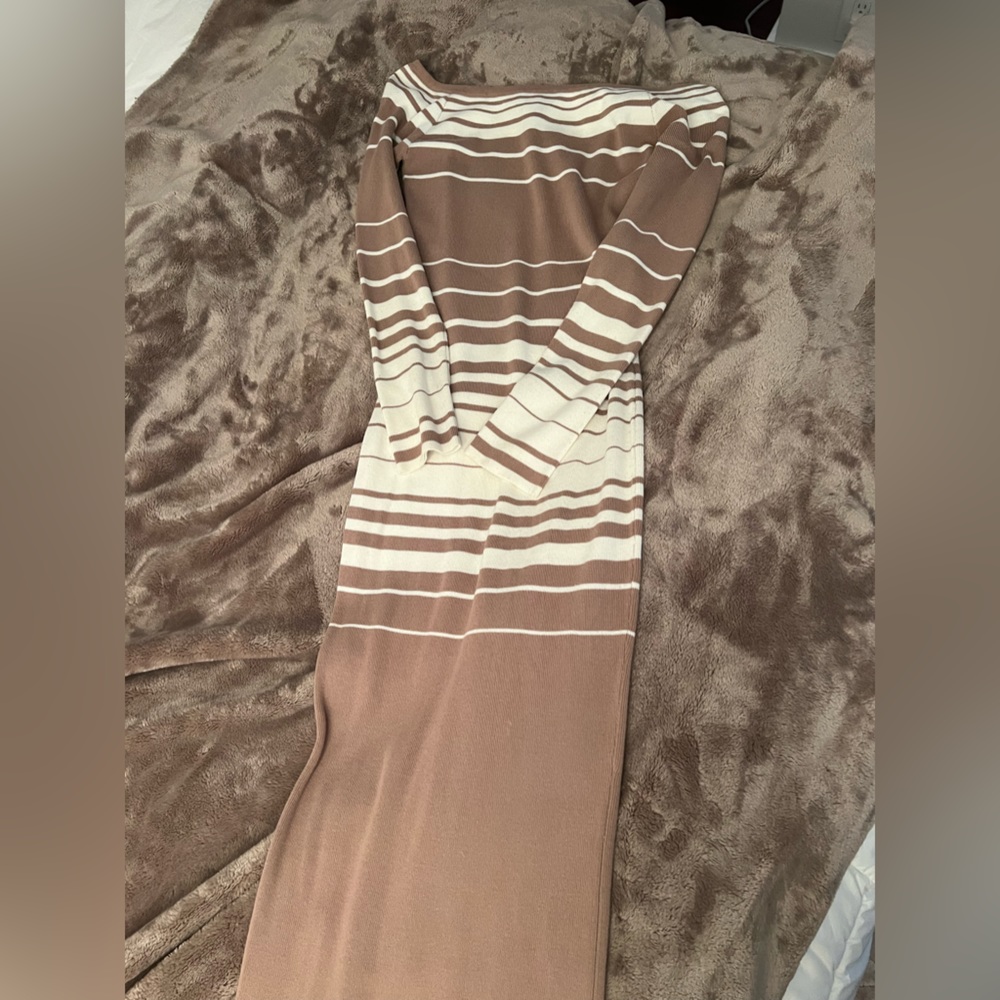 J Lux Label Mocha & White Striped Ribbed Off Shoulder Midi Dress